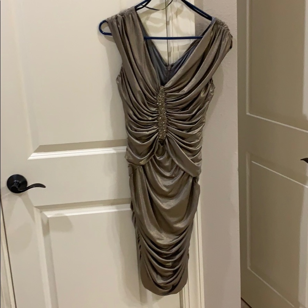 Cache Cap sleeve gold midi dress.